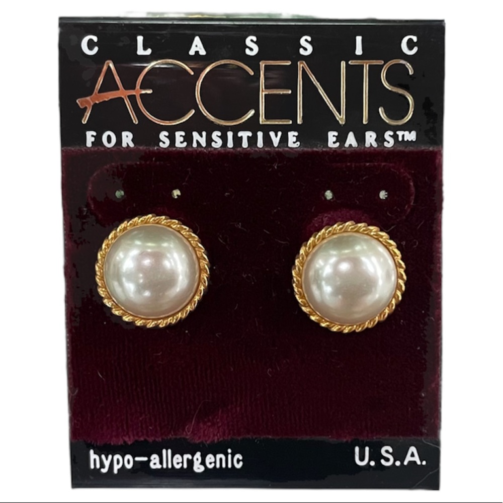 Classy Pearl Button Earrings Classic Accents for Sensitive Ears Made In USA - Picture 1 of 3